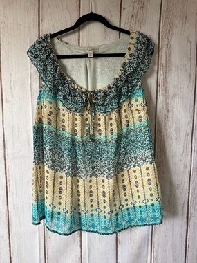 Dressbarn Ruffle Neck Sleeveless Blouse Teal Yellow Patterned Top Size 1X